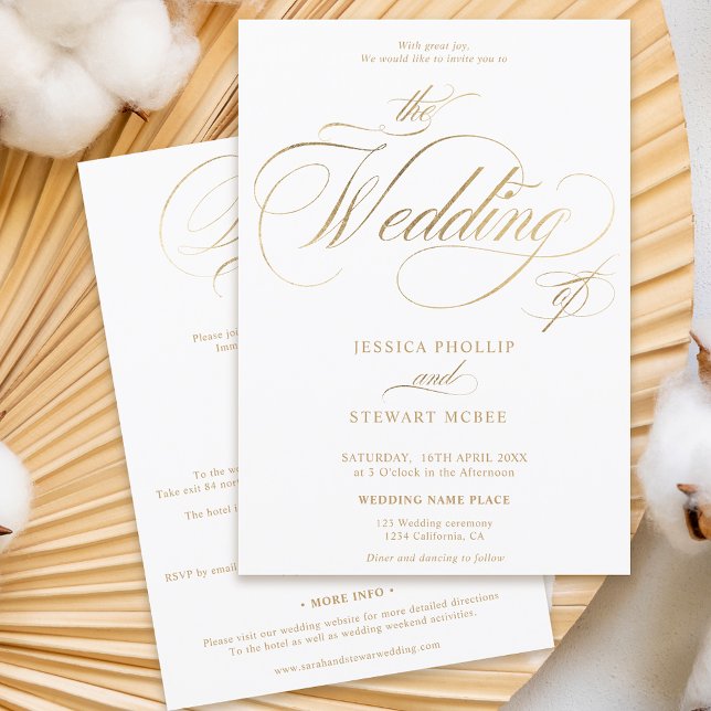 Chic gold elegant all in one calligraphy wedding invitation (Creator Uploaded)