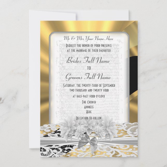 Chic gold elegant white lace wedding invitation (Front)