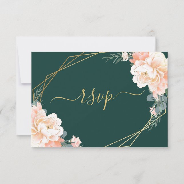 Chic Gold Emerald Green Blush Peach Floral Wedding RSVP Card (Front)