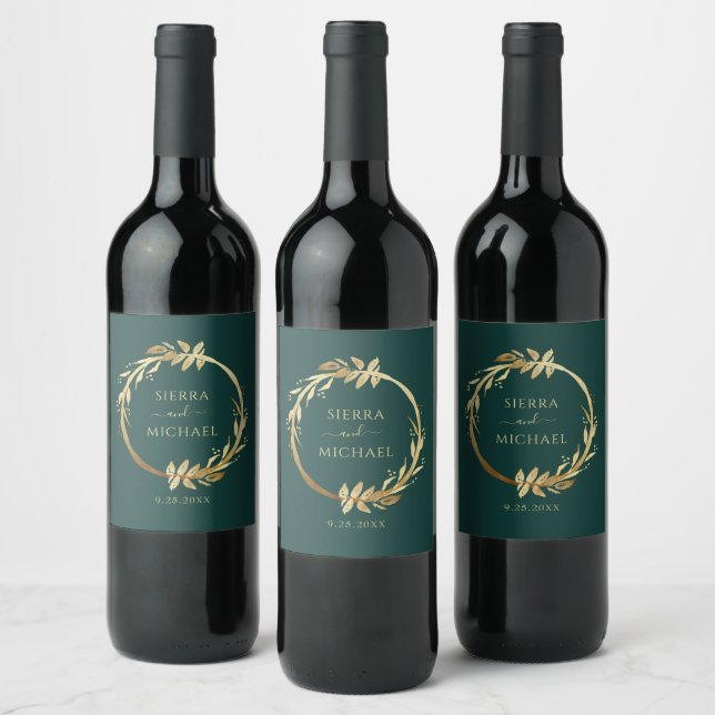 Chic Gold Emerald Green Eucalyptus Wreath Wedding Wine Label (Bottles)