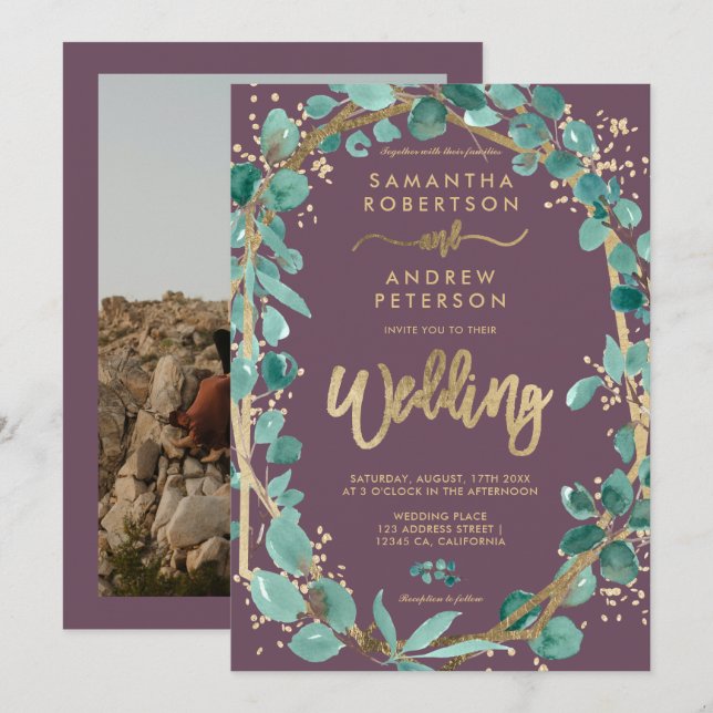 Chic gold eucalyptus purple photo script wedding invitation (Front/Back)