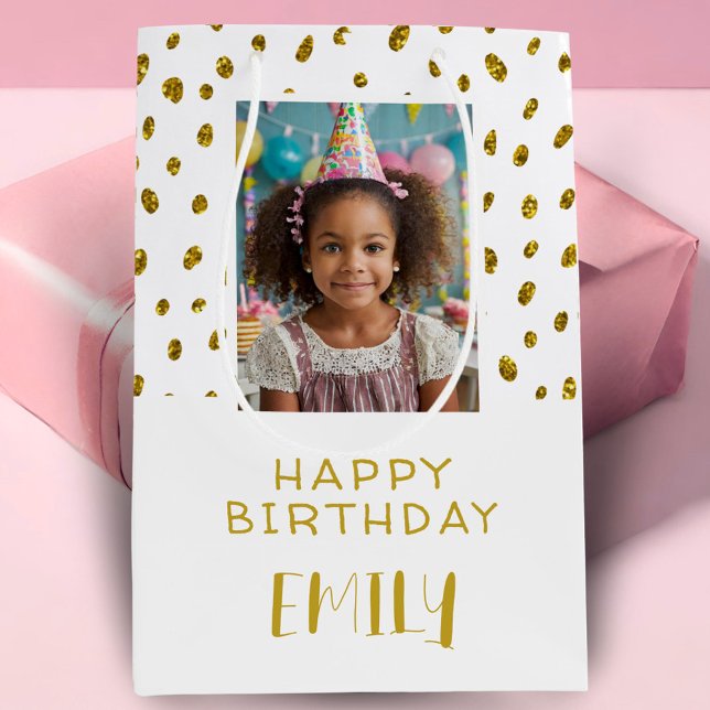 Chic Gold Faux Glitter Birthday Kids Girl Photo Medium Gift Bag (Creator Uploaded)