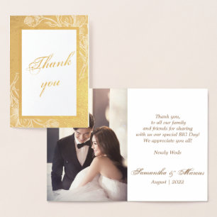Chic Gold Faux Metal Photo Wedding Thank You Real Foil Card