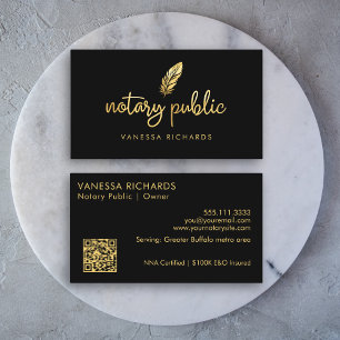 Chic Gold Feather Notary Name Modern Script QR  Business Card