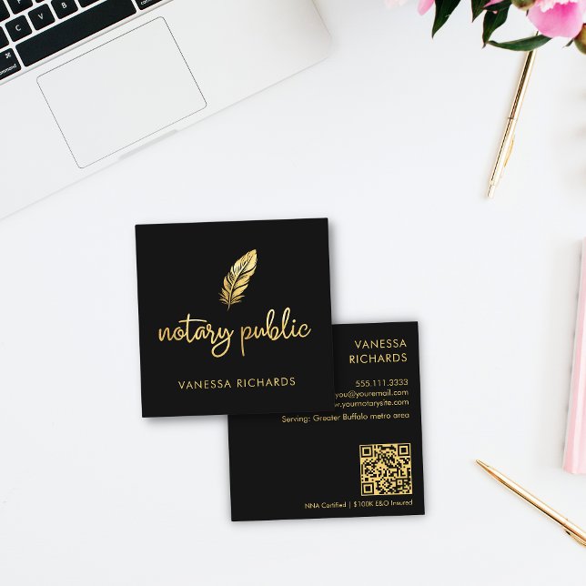 Chic Gold Feather Notary Name Modern Script QR  Square Business Card (Creator Uploaded)