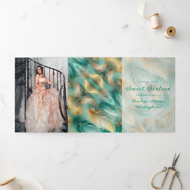 Chic Gold Feathers Sweet 16 Party Invitation (Outside)