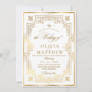 Chic Gold Flora Script Wedding  Invitation