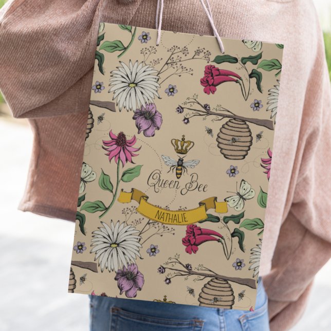 Chic Gold Floral Beehive Small Gift Bag (Elegant Queen Bee & Gold Crown Gift Bag. Hand-Drawn Queen Bee, Gold Crown, Flowers, Beehive & Bees)