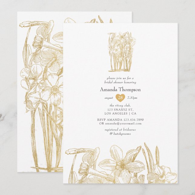 Chic Gold Floral Bridal Shower Invitation (Front/Back)