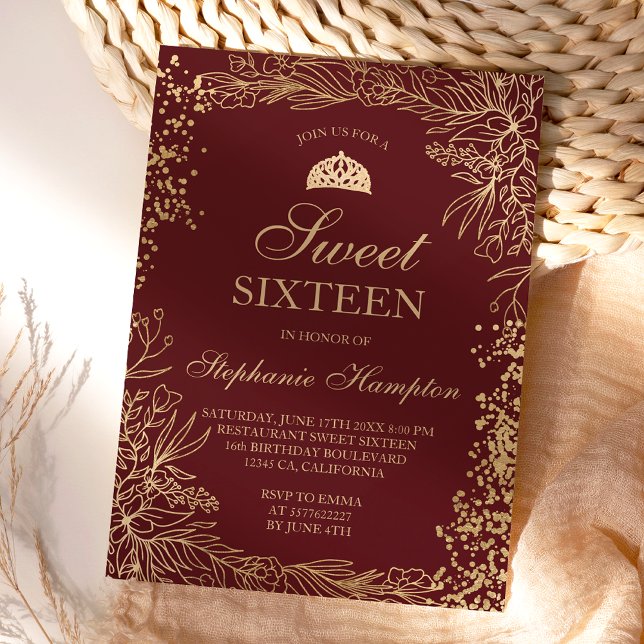 Chic gold floral burgundy Tiara chic Sweet 16 Invitation (Creator Uploaded)