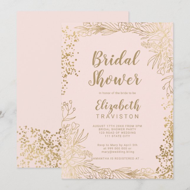 Chic gold floral confetti blush pink bridal shower invitation (Front/Back)