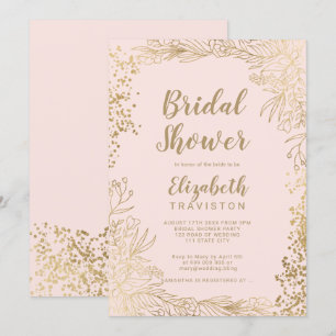 Chic gold floral confetti blush pink bridal shower invitation