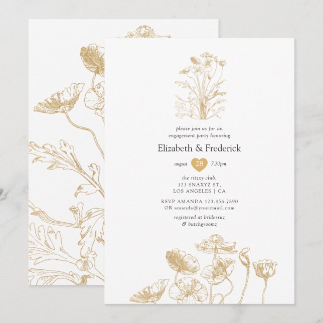 Chic Gold Floral Engagement Party Invitation (Front/Back)