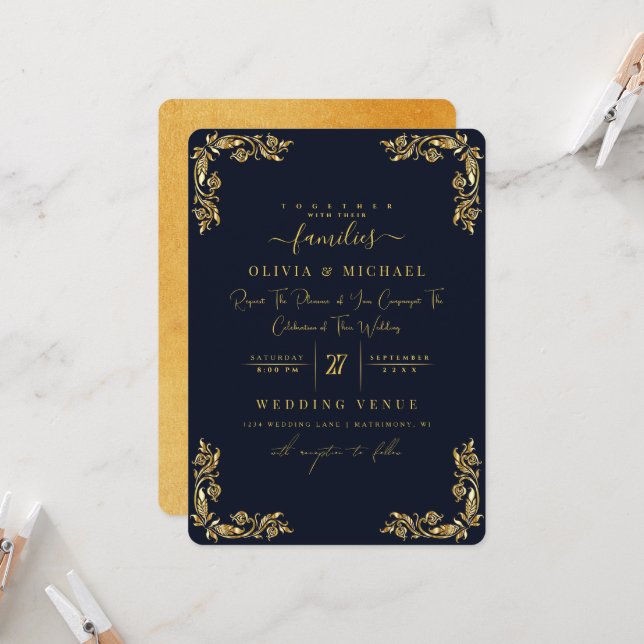 CHIC GOLD FLORAL FRAME FOIL & GOLDEN DARK WEDDING  INVITATION (Front/Back In Situ)