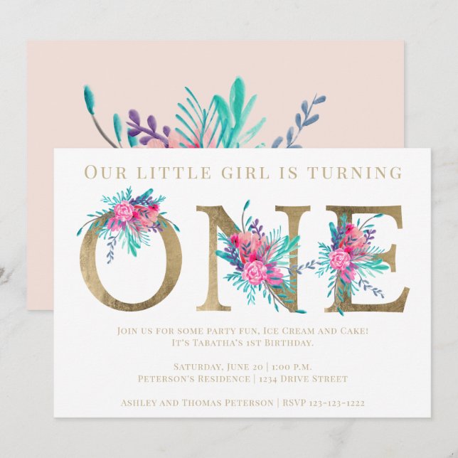 Chic gold floral letter 1st birthday blush pink invitation (Front/Back)