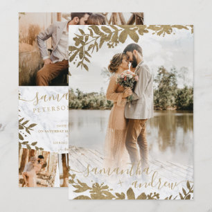 Chic gold floral marble script 5 photos wedding invitation