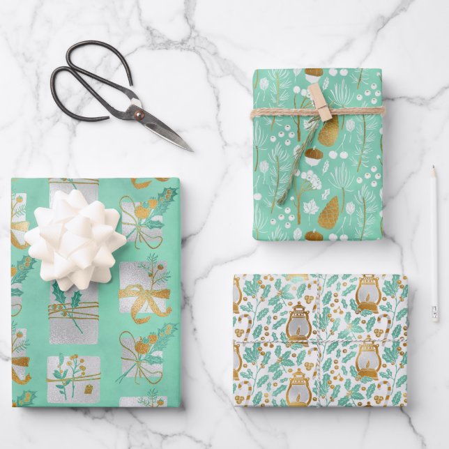 Chic Gold Floral, Presents & Holly Wrapping Paper Sheet (Front)