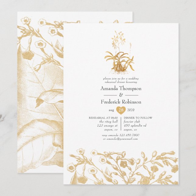 Chic Gold Floral Rehearsal Dinner Invitation (Front/Back)