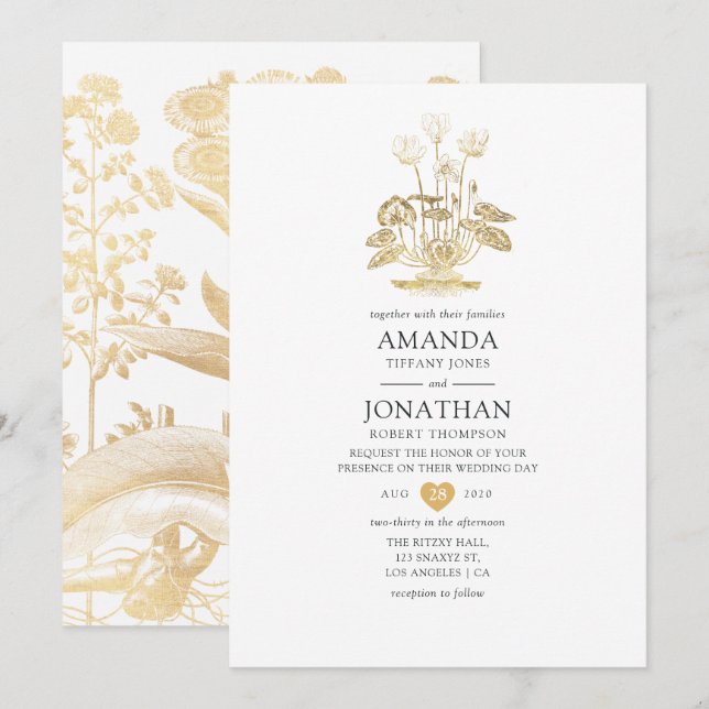 Chic Gold Floral Wedding Invitation (Front/Back)