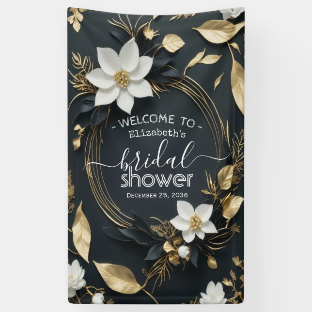 Chic Gold Floral Wreath Bridal Shower Welcome Sign (Vertical)