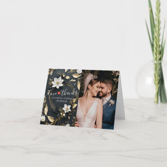 Chic Gold Floral Wreath Photo Wedding Love Thanks Thank You Card (Front)