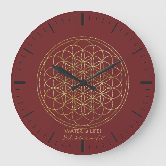 Chic Gold Flower of Life WATER is LIFE Large Clock (Front)