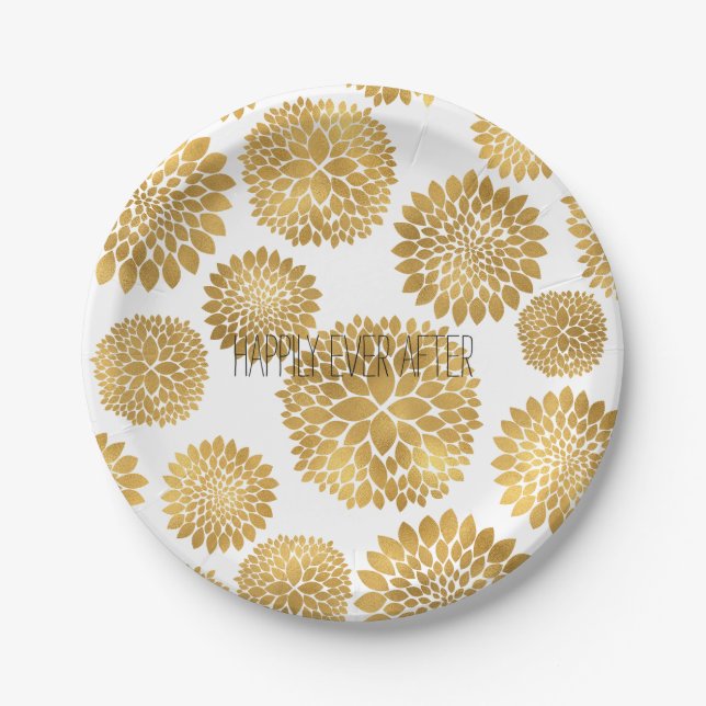 Chic Gold Flowers Birthday Paper Plate (Front)