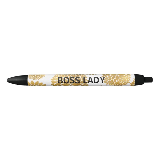 Chic Gold Flowers Black Ink Pen (Front)