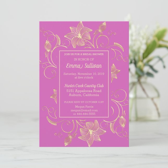 Chic Gold Flowers Bridal Shower Invitation (Standing Front)