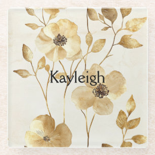 Chic Gold Flowers Glass Coaster