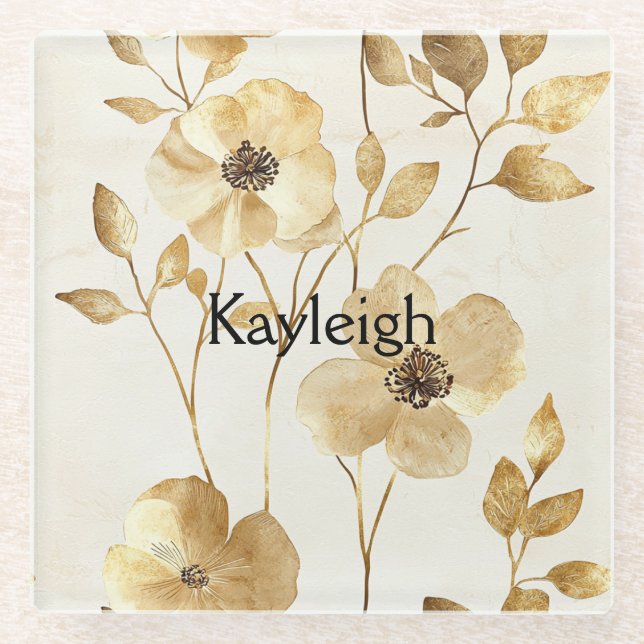 Chic Gold Flowers  Glass Coaster (Front)
