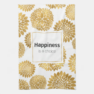 Chic Gold Flowers Happiness Tea Towel