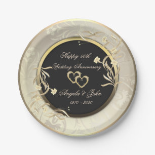 Chic Gold Flowers Hearts 50th Wedding Anniversar Paper Plate