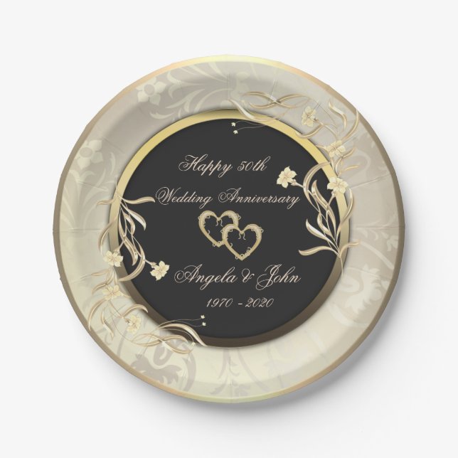 Chic Gold Flowers Hearts 50th Wedding Anniversar Paper Plate (Front)