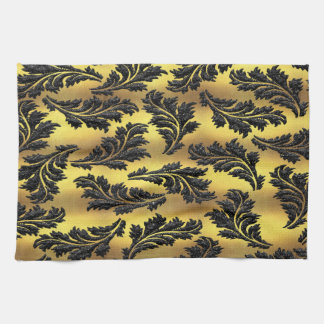 Chic Gold Foil Black Glitter Leaves Tea Towel