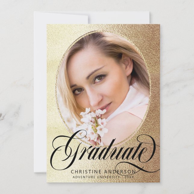Chic Gold Foil Black Script Photo Graduation Announcement (Front)
