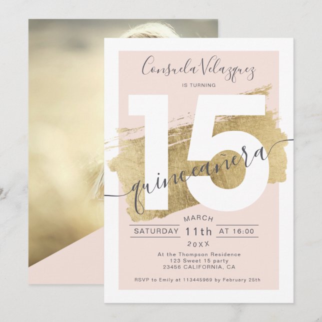 Chic gold foil brushstroke blush quinceanera photo invitation (Front/Back)