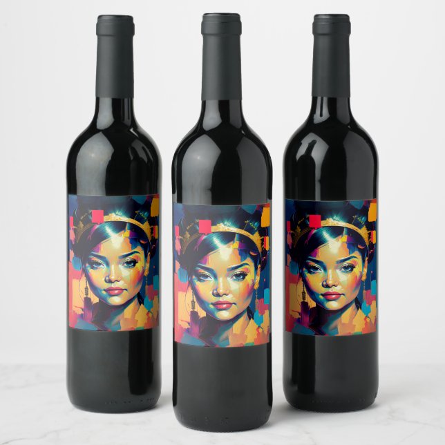 Chic Gold Foil Colourful Women Impasto Oil Paintin Wine Label (Bottles)