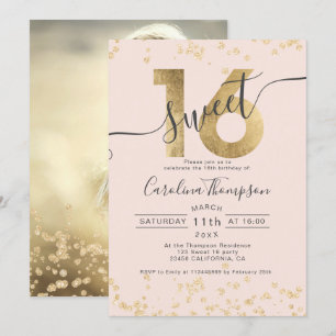 Chic gold foil confetti blush Sweet 16 photo Invitation
