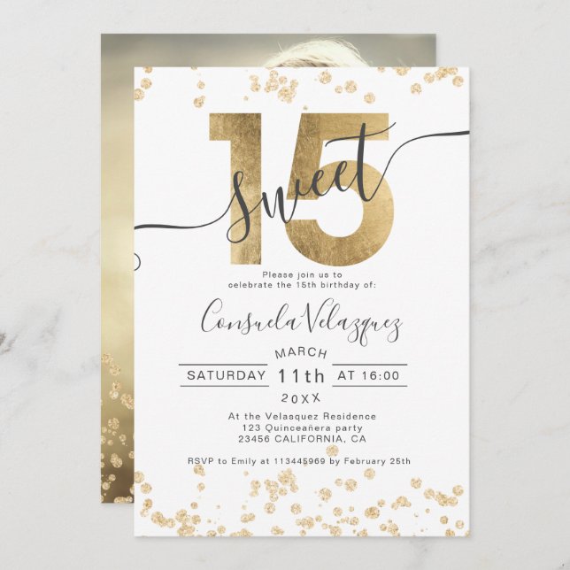 Chic gold foil confetti white Quinceanera photo Invitation (Front/Back)