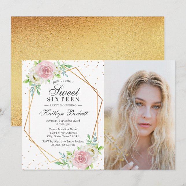 Chic Gold Foil Floral Photo Sweet 16 Birthday Invitation (Front/Back)