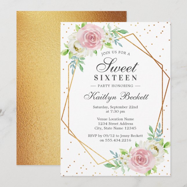 Chic Gold Foil Floral Sweet 16 Birthday Invitation (Front/Back)