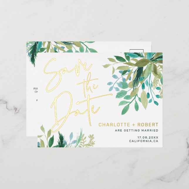 Chic gold foil greenery wedding save the date foil invitation postcard (Front/Back)
