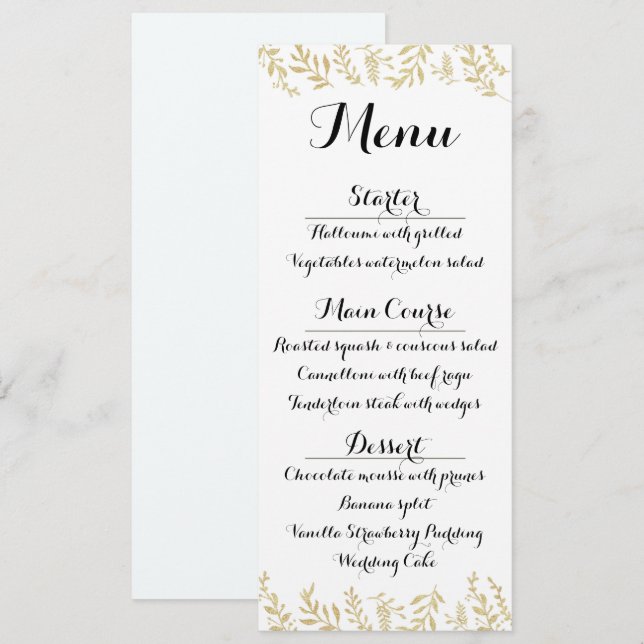 Chic Gold Foil Leaves Reception Menu Card (Front/Back)