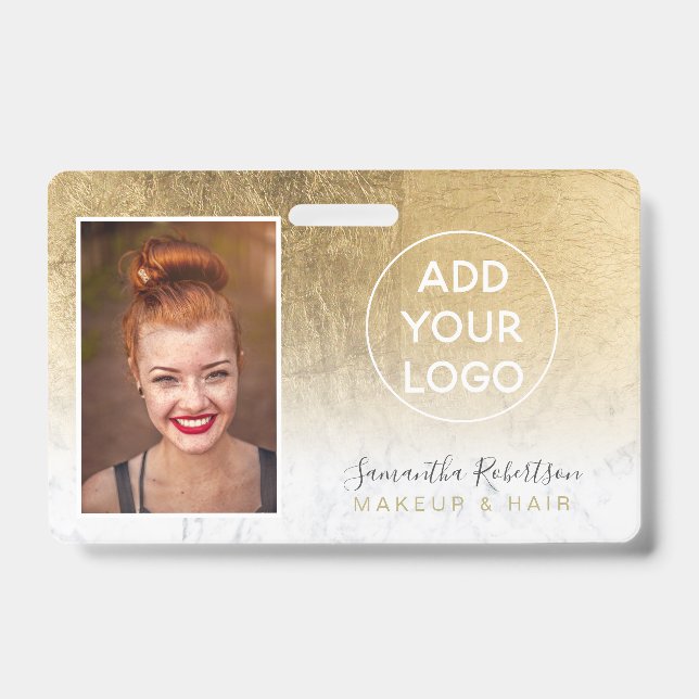Chic gold foil marble logo employee photo pass ID badge (Front)
