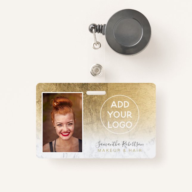 Chic gold foil marble logo employee photo pass ID badge (Front with Retractable)