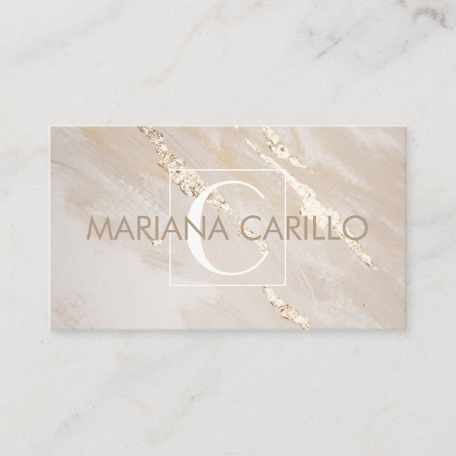 Chic Gold Foil Marble Monogram Business Card (Front)
