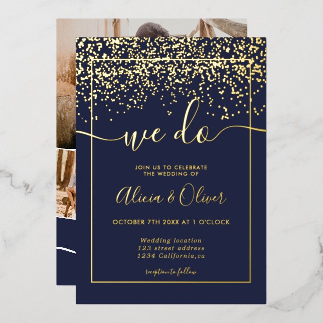 Chic gold foil navy blue photo initials wedding (Front/Back)