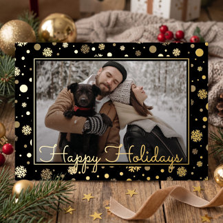 Chic Gold Foil On Black Family Photo Greeting Holiday Card