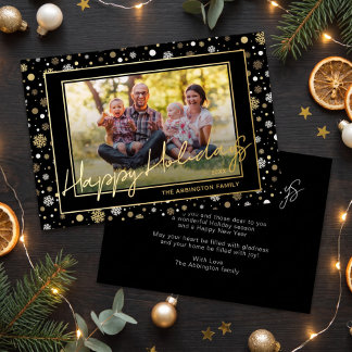 Chic Gold Foil On Black Holiday Family Photo Card